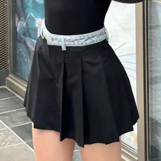 Asiris-High Waist Denim Panel Mini Pleated Skirt