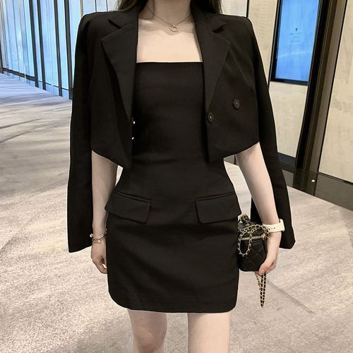 SUGARUS - Plain Cropped Blazer / Strapless Mini Bodycon Dress | YesStyle