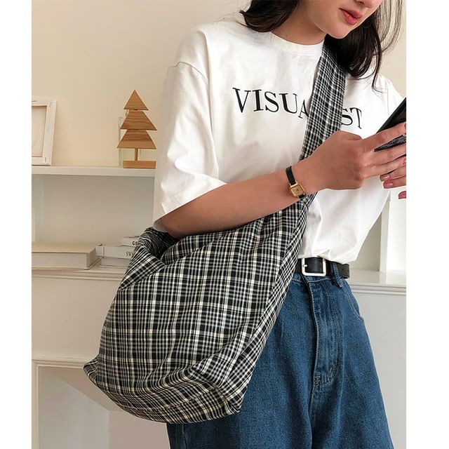 Frior-Plaid Fabric Tote Bag