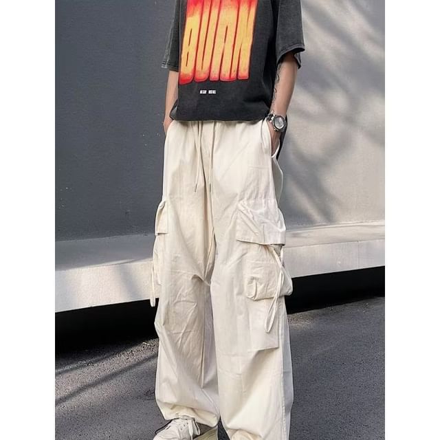 Macho-Drawstring Waist Plain Straight Leg Cargo Parachute Pants