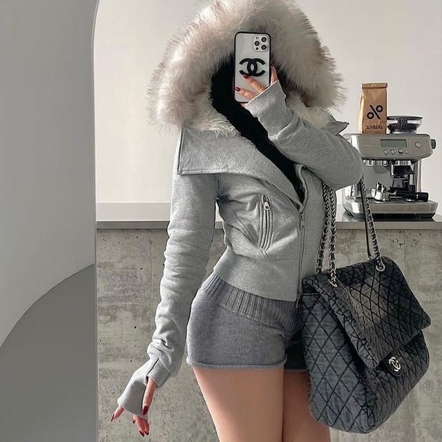 RainGirl-Plain Fluffy Trim Zip Hoodie