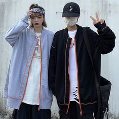 Porstina - Stand Collar Stitched Zipped Baseball Jacket Porstina - Stand Collar Stitched Zipped Baseball Jacket