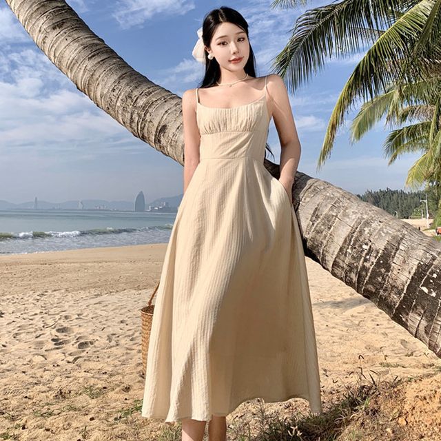 Moanum-Spaghetti Strap Plain Shirred Midi A-Line Dress