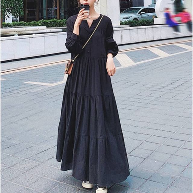 Lewwe - Balloon Sleeve V-Neck Loose A-Line Maxi Dress | YesStyle
