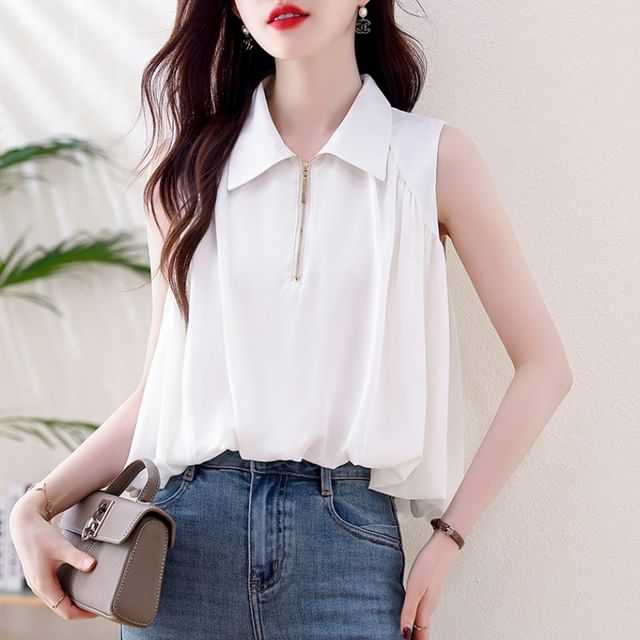 Dragan Pulse-Sleeveless Collar Plain Half-Zip Blouse