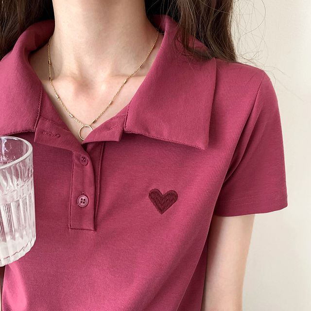 Only Here - Short-Sleeve Heart Embroidery Polo Shirt | YesStyle