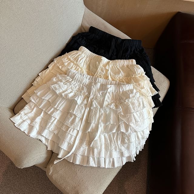 Juuri-Drawstring Waist Plain Tiered Mini A-Line Skirt