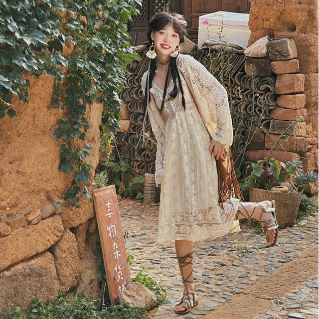 Catamin - Spaghetti Strap V-Neck Print Midi A-Line Dress / Cardigan / Set |  YesStyle
