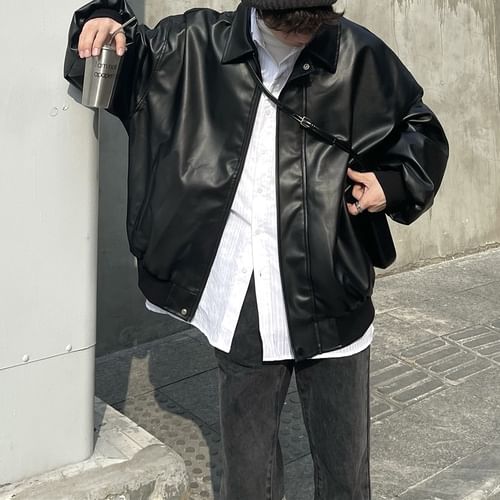 MARTHENAUT - Collared Faux Leather Zip Jacket | YesStyle