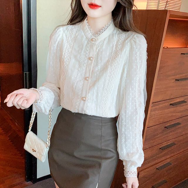 Dragan Pulse-Long-Sleeve Stand Collar Plain Lace Blouse