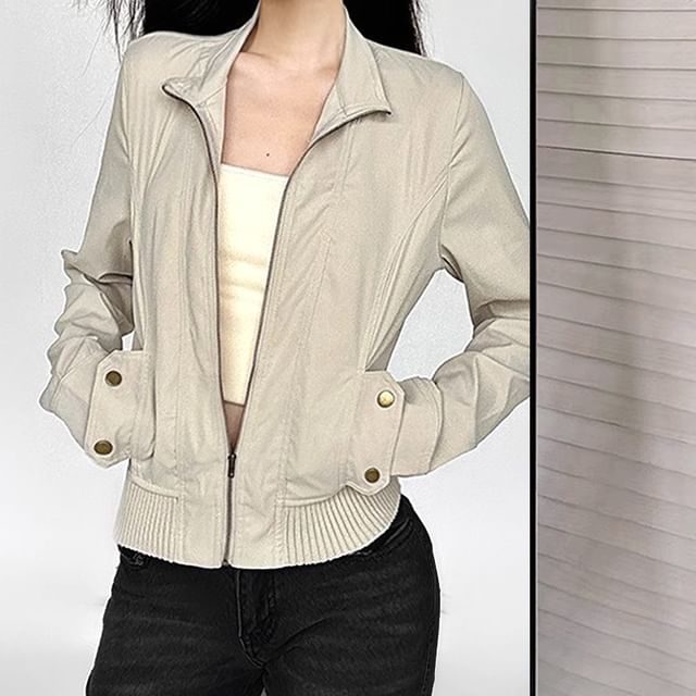 Allinya-Stand Collar Plain Panel Zip Jacket