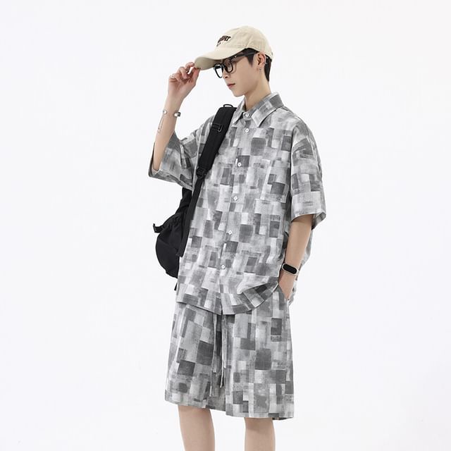 Wolfkane-Set Elbow-Sleeve Collared Plaid Button Up Shirt Drawstring Waist Shorts