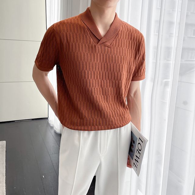 Deepwood-Short-Sleeve V-Neck Plain Knit Top