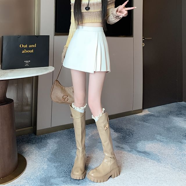 Magimomo-High Waist Plain Pleated Mini Skort