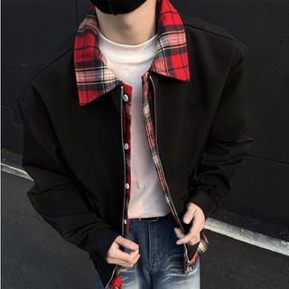 Freehop-Lapel Collar Plaid Panel Zip Jacket