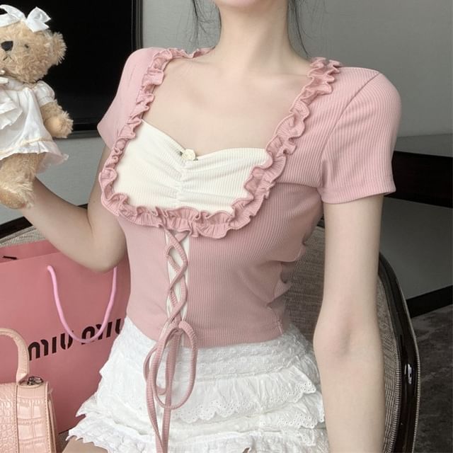 Leoom-Short-Sleeve Square Neck Frill Trim Lace-Up Top