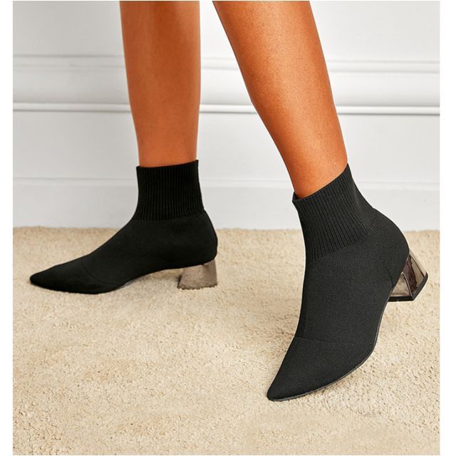 Block Heel Pointed Toe Plain Knit Short Sock Boots