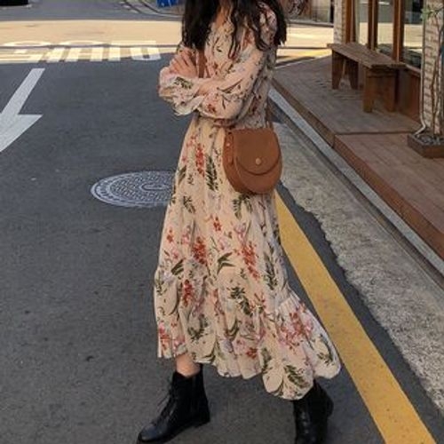 Shopherd - Long-Sleeve Floral Print Midi Chiffon Dress | YesStyle