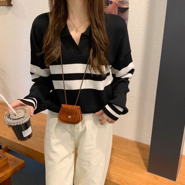 OGAWA-Long-Sleeve Striped Plain Knit Top
