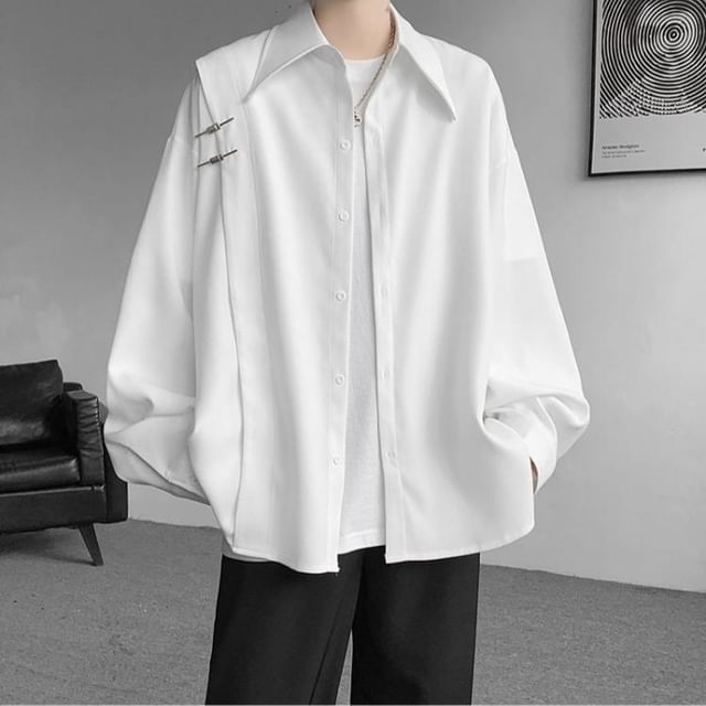 Kimeya-Long Sleeve Collared Plain Loose Shirt