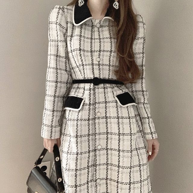 knee length dresses for ladies Pink Tweed Long Sleeve Blazer Dress Women's Square Neck Plaid Mini Dress main image 0