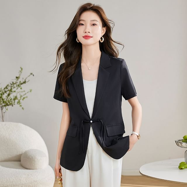Skyheart-Short-Sleeve Notch Lapel Plain Frog Buttoned Satin Blazer