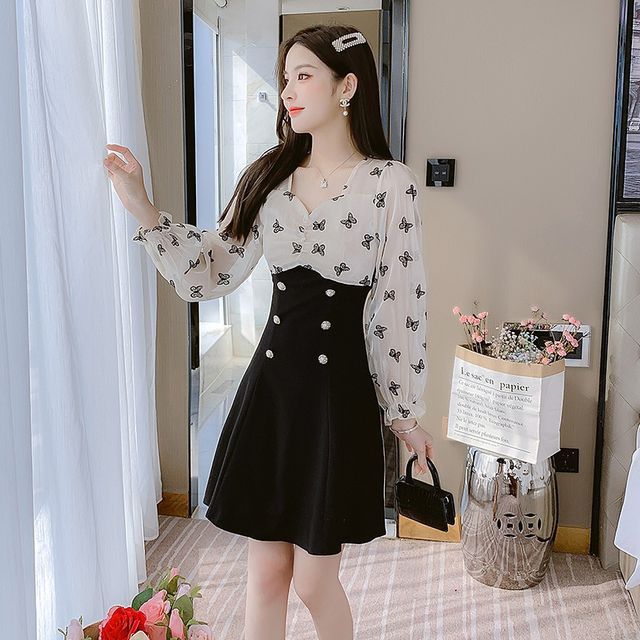 Kimrum - Puff-Sleeve Butterfly Print A 