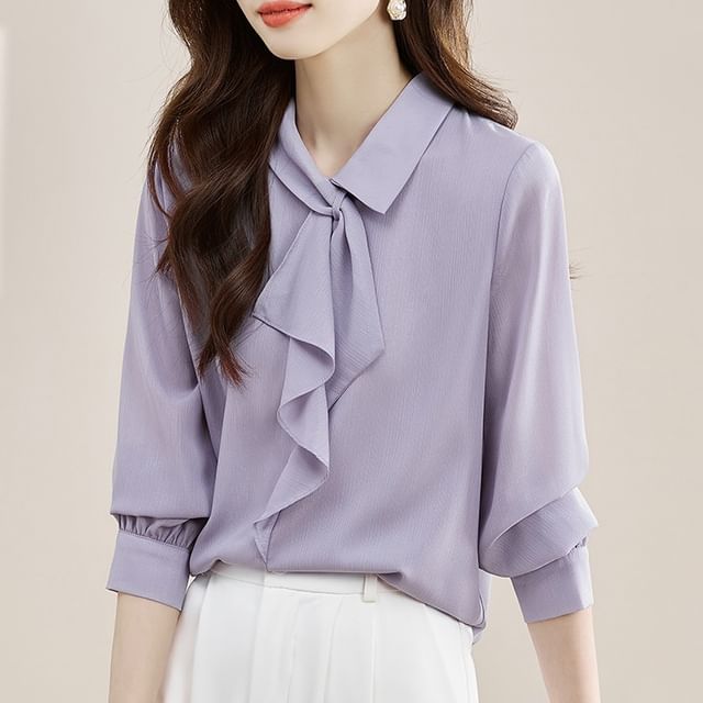 Coline-Long-Sleeve Tie-Neck Plain Shirt