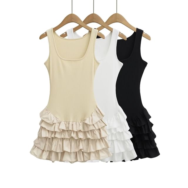 Asiris-Balletcore Sleeveless Square Neck Plain Tiered Ruffle Trim Mini A-Line Dress