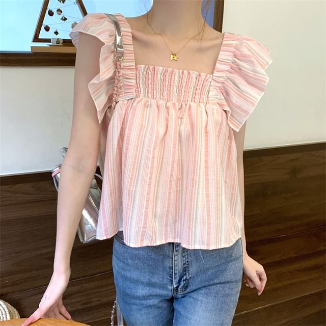 ANORA-Cap-Sleeve Square Neck Striped Blouse