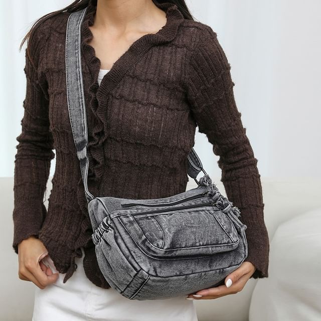 HOVERUP-Washed Denim Zip Crossbody Bag