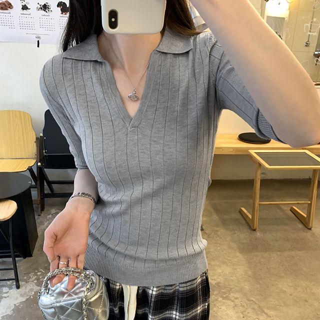 KUMI-Elbow-Sleeve Collar Plain Ribbed Knit Top