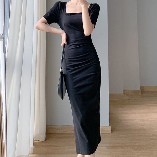 Cloud Nine - Short-Sleeve Square-Neck Plain Shirred Slit Midi Bodycon Dress | YesStyle Cloud Nine - Short-Sleeve Square-Neck Plain Shirred Slit Midi Bodycon Dress | YesStyle