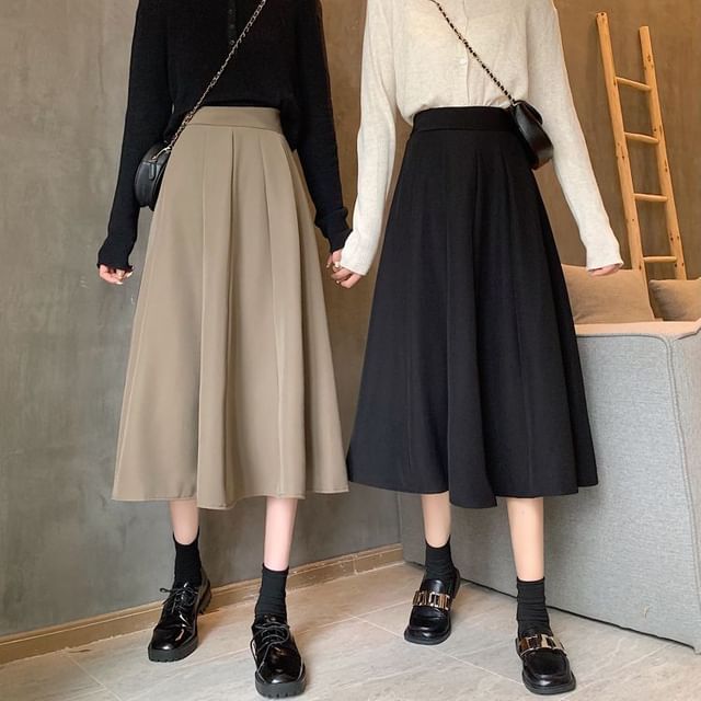 Sisyphi-High Rise Plain Midi A-Line Skirt