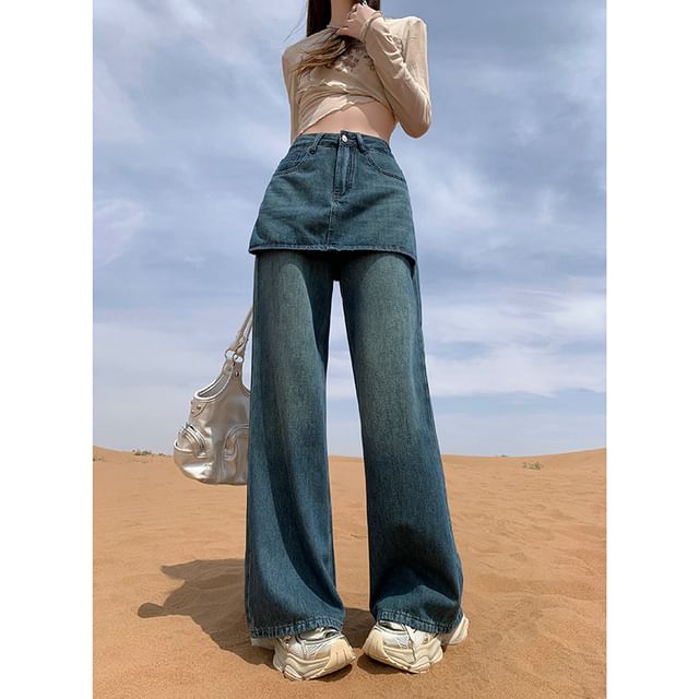 パンツ over skirt denim pants Denimot - High Waist Washed Skirt Overlay Wide Leg Jeans (Various