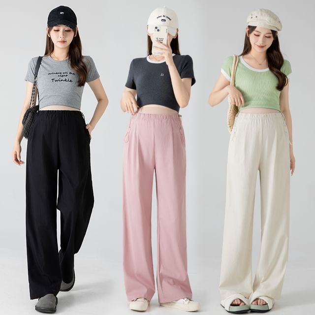 NEUF-Maternity Drawstring Waist Plain Wide Leg Pants