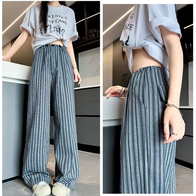 evanesce-Stripe High Rise Drawstring Wide Leg Pants