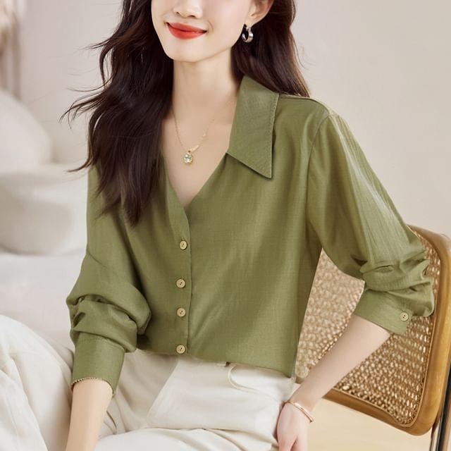 Dragan Pulse-Long Sleeve V-Neck Collared Plain Shirt