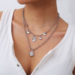 Seirios - Alloy Padlock Pendant Layered Necklace Seirios - Alloy Padlock Pendant Layered Necklace