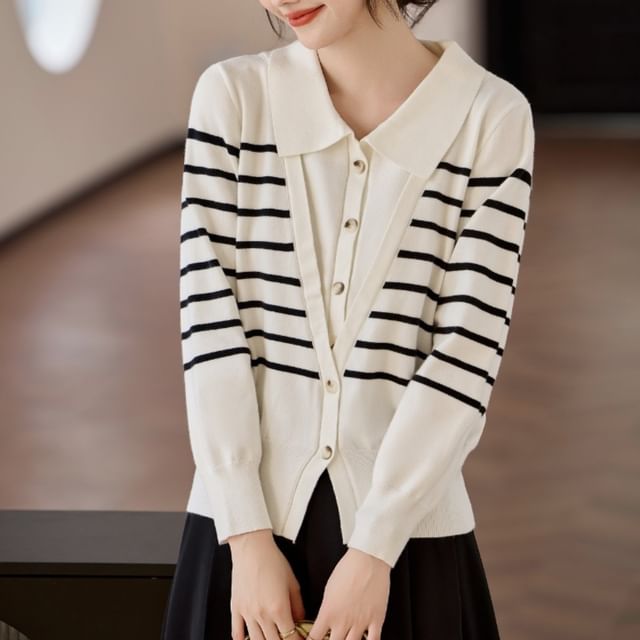 Dragan Pulse-Mock Two-Piece Long-Sleeve Collar Striped Button Knit Top