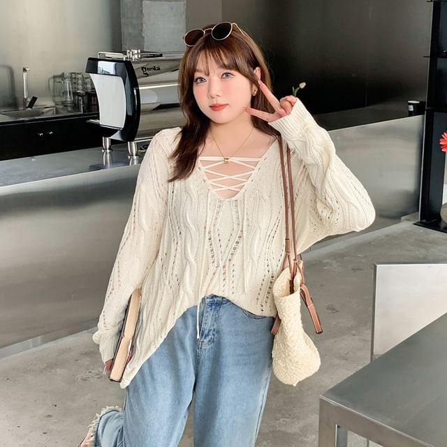 Ashteroid-Plus Size Long-Sleeve V-Neck Perforated Knit Top