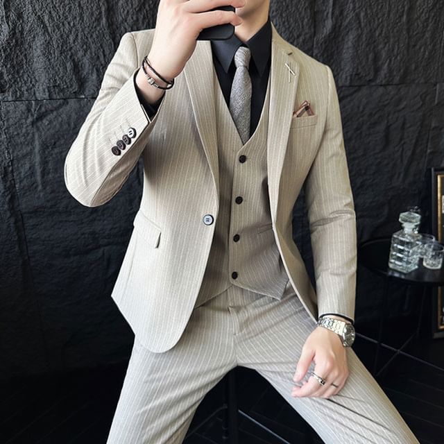 Bay Go Mall-Set Lapel Collar Pinstriped Single Button Blazer Single Breasted Vest Mid Rise Dress Pants