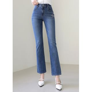 Styleonme Letter-Embroidery Boot-Cut Jeans