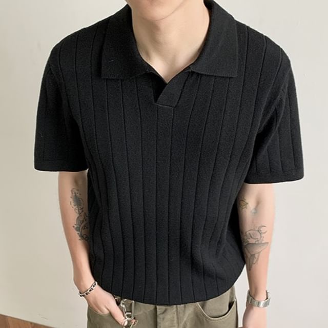Mimiyox-Short Sleeve Plain Knit Polo Top