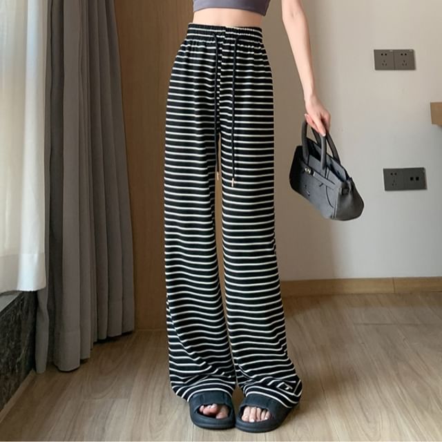PERKARP-Drawstring Waist Striped Wide Leg Sweatpants