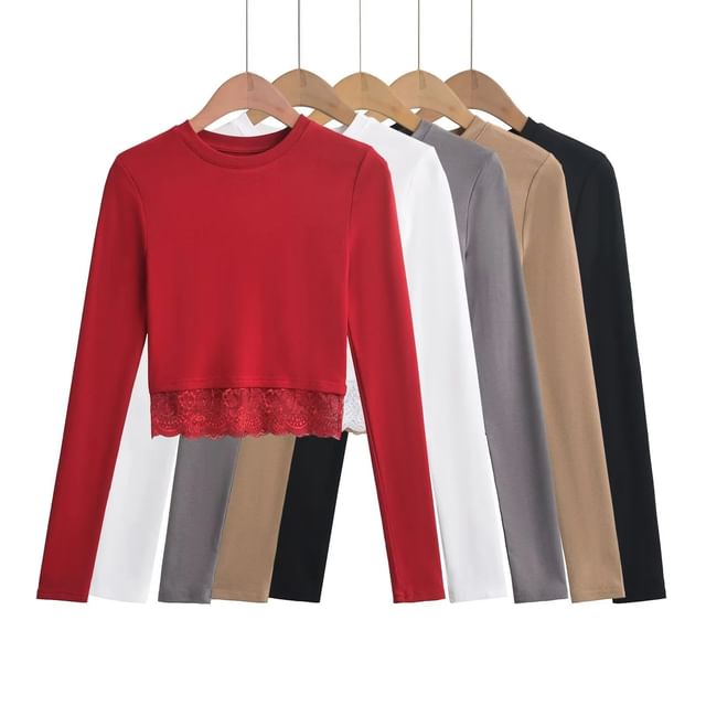 Asiris-Long-Sleeve Round Neck Lace Panel T-Shirt