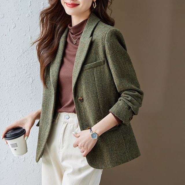 Skyheart-Peak Lapel Herringbone Single-Breasted Blazer