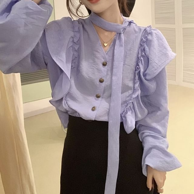 Shinsei-Puff-Sleeve V-Neck Plain Ruffle Blouse