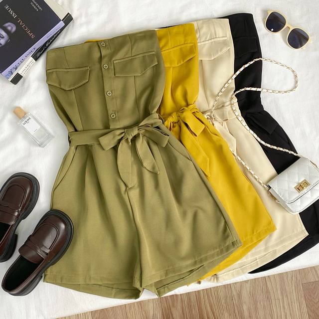 Iasia-Strapless Plain Sashed Wide Leg Romper