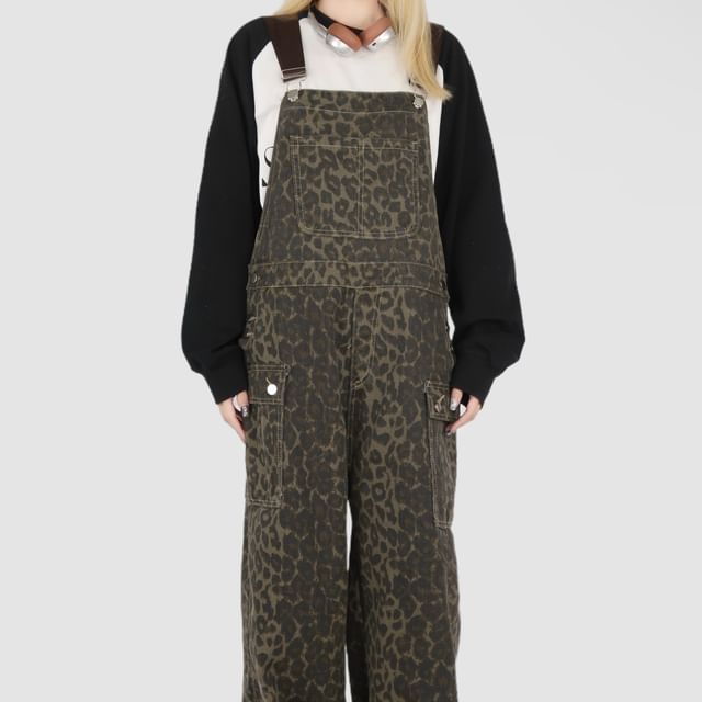 Porstina-Leopard Print Denim Baggy Overalls